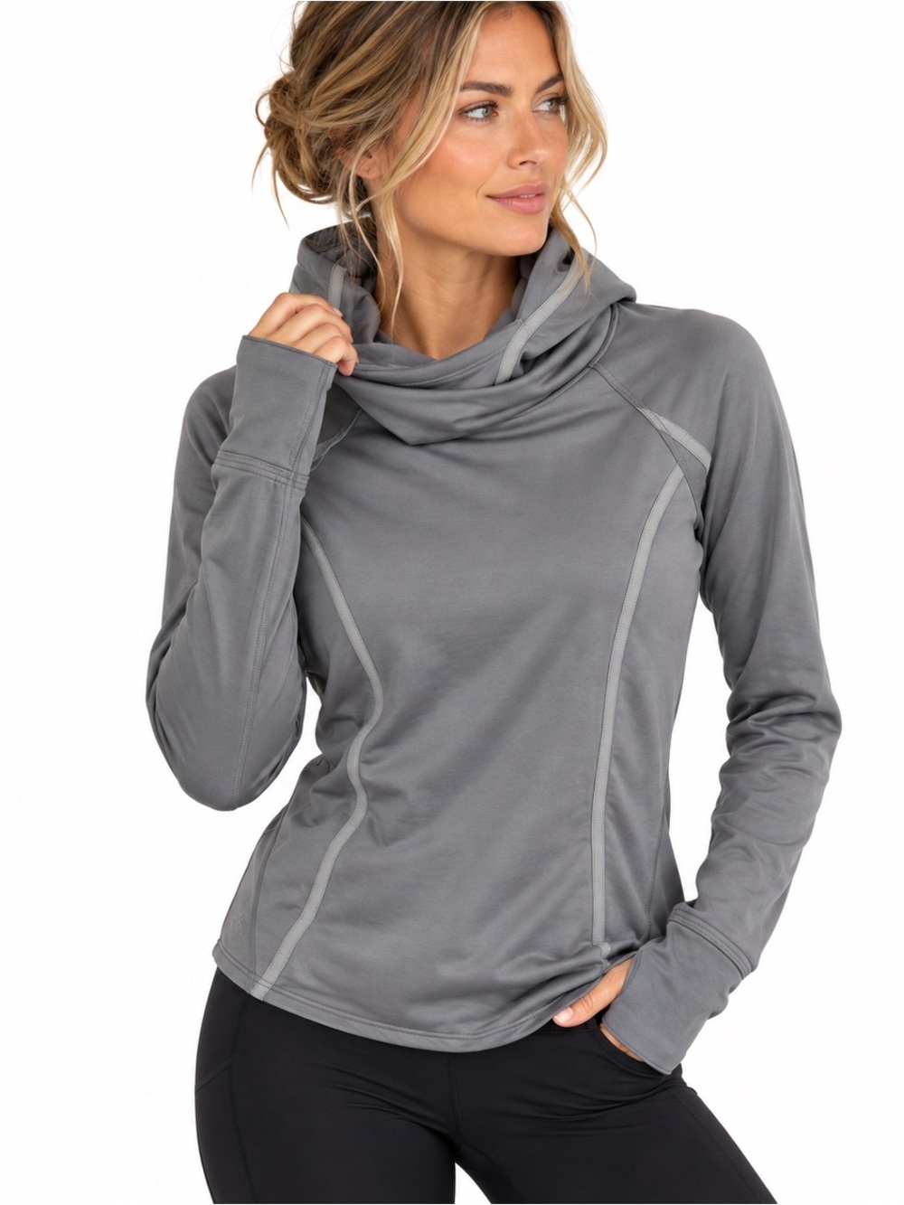 Athleta Plush Tech Cowl Hoodie Gray Women M Thumbholes Running
